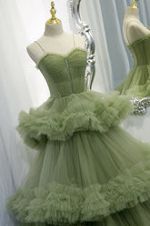 Elegant Straps Pleated Green Tiered Tulle Formal Dress